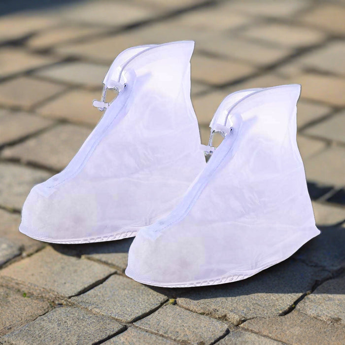 17973 Plastic Shoes Cover Reusable Anti-Slip Boots Zippered Overshoes Covers Transparent Waterproof Snow Rain Boots for Kids / Adult Shoes, for Rainy Season (1 Pair / White)