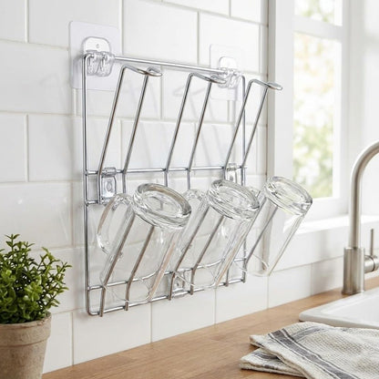 Wall-mounted stainless steel mug holder rack with hanging mugs