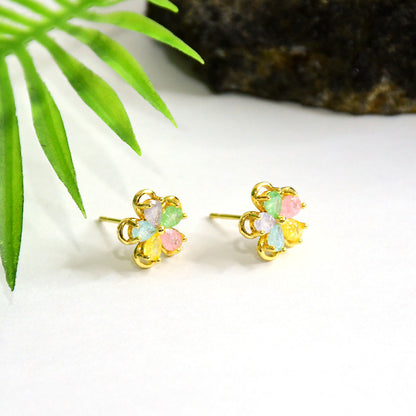 Multicolor Crystal Flower Stud Earrings with Gold Finish for Women
