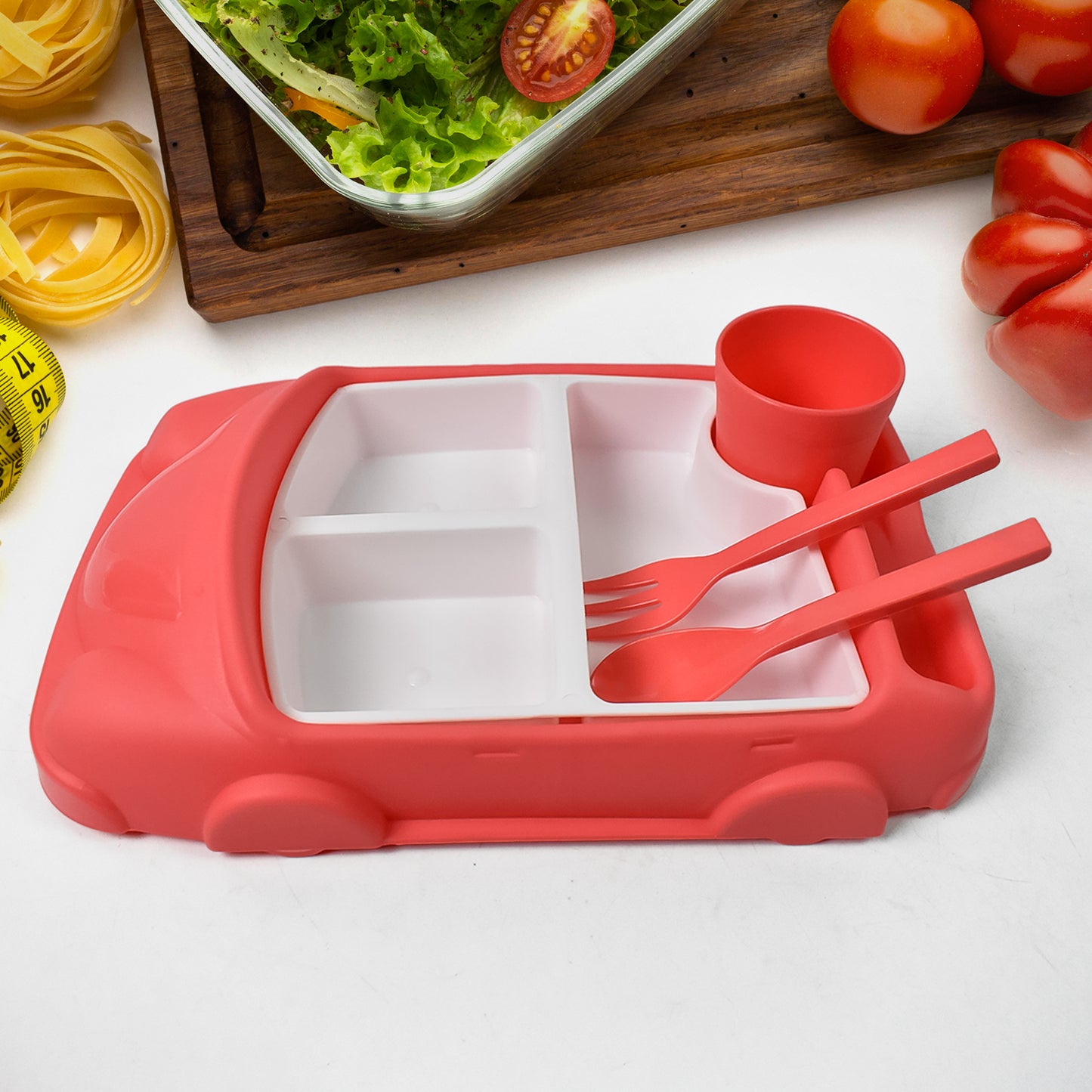 Kid's Car Shaped Plates Cup / Lunch Box Dinnerware Set (4 Pcs Set / 1000 ML Lunch Box)