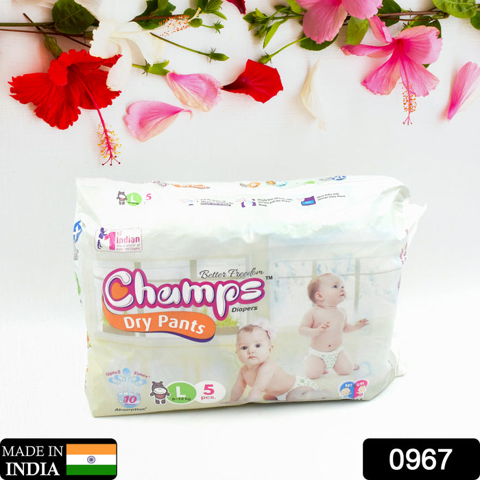 Champs Small Baby Large Diaper Pants (5 Pcs): Ultra-Absorbent for Travel