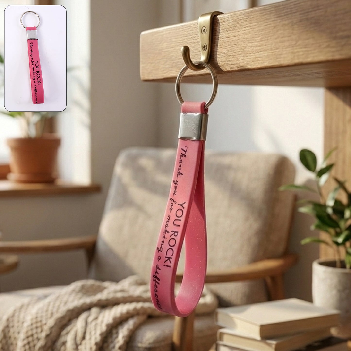 Motivational silicone wrist strap keychain with metal ring