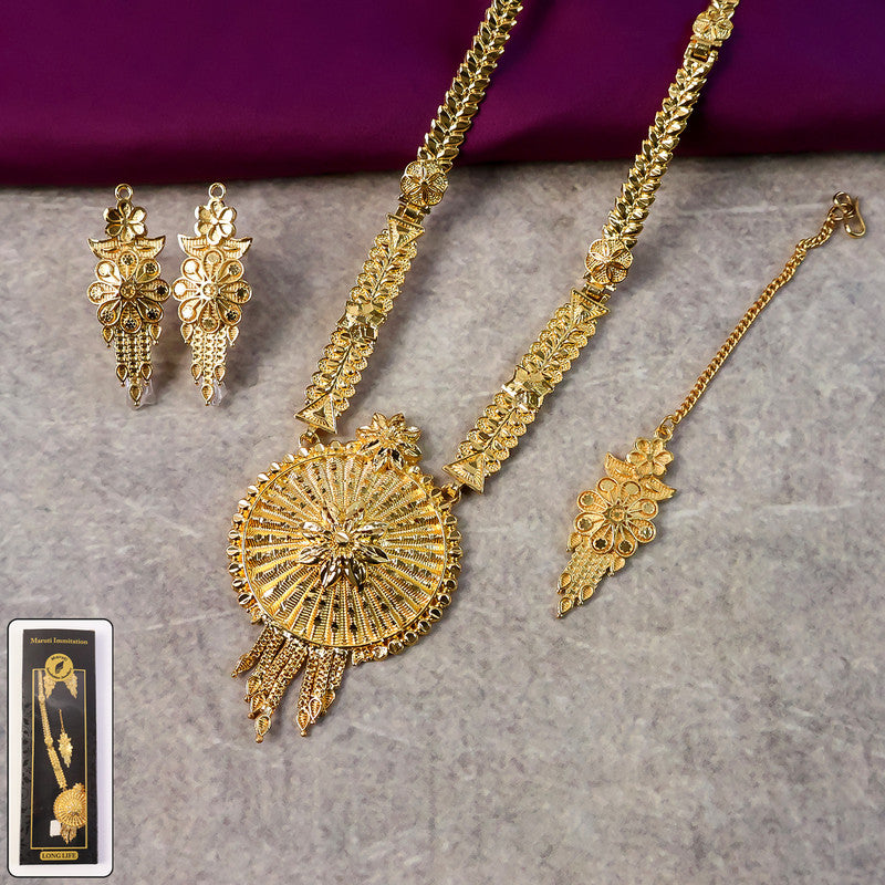 Sunburst Floral Heritage Necklace Set with Detailed Engraved Pendant & Matching Earrings