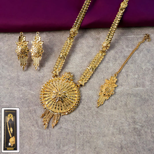 Sunburst Floral Heritage Necklace Set with Detailed Engraved Pendant & Matching Earrings