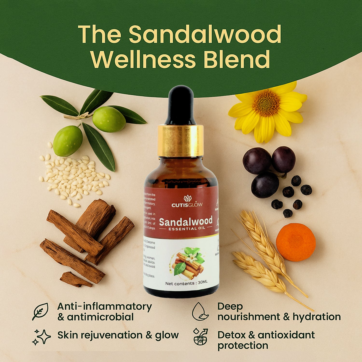 Eyelet Sandalwood Essential Oil – 100% Pure & Natural Aromatherapy Oil for Skin, Hair & Relaxation 30ml