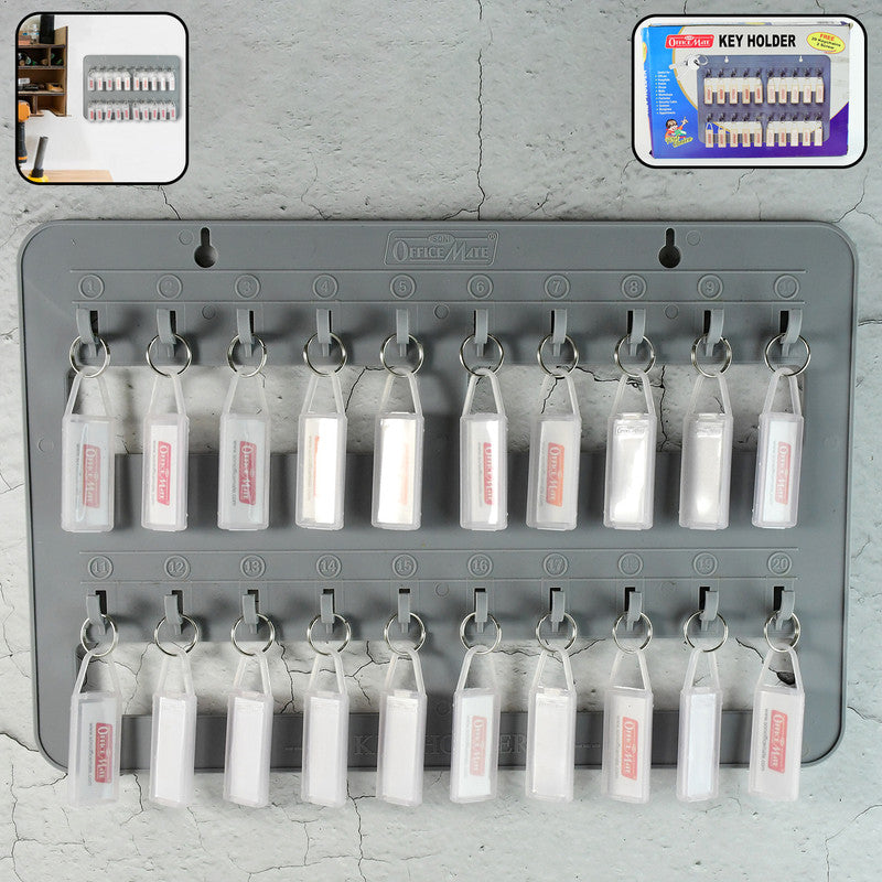 Office Mate Wall Key Holder Board – 20 Hooks with Label Tags for Organized Key Storage