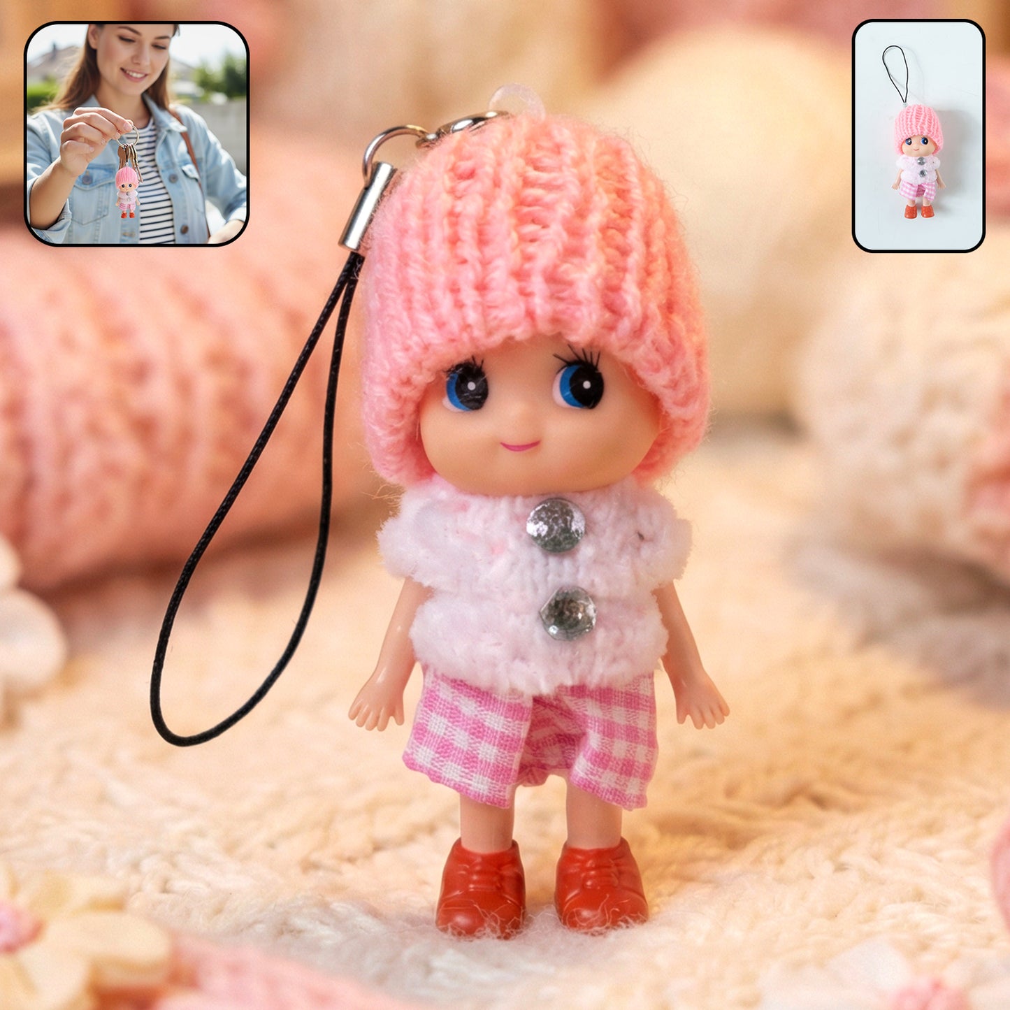 Cute Mini Doll Keychain with Knitted Cap