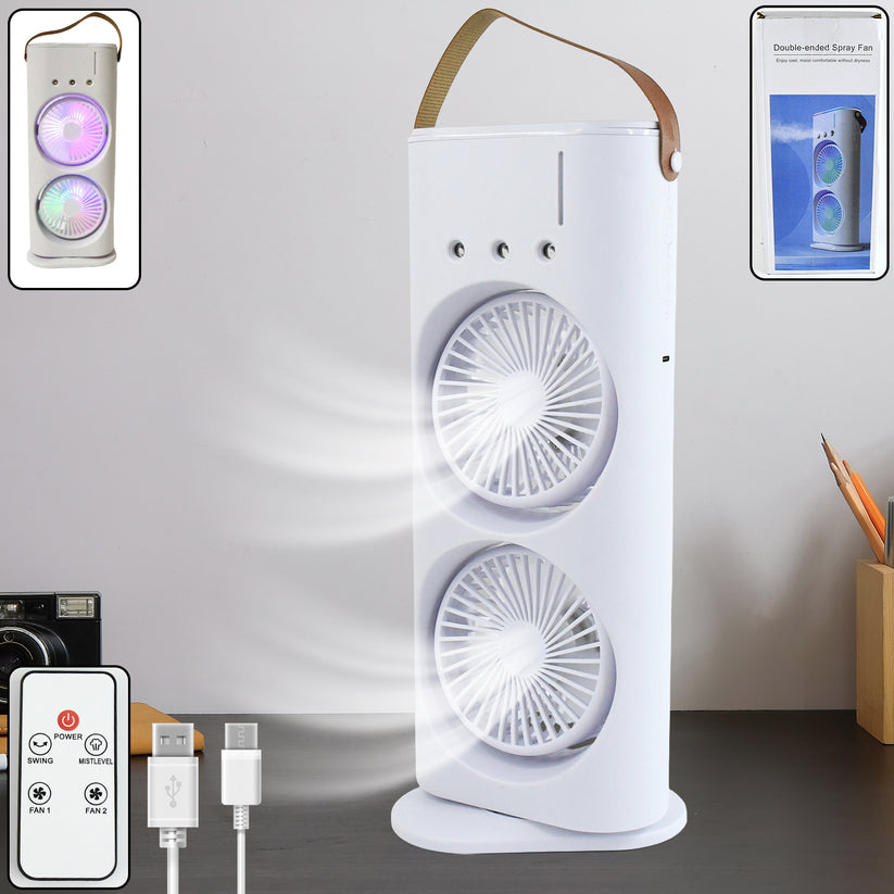 Double Head Spray Cooling Fan with Remote – Dual Airflow USB Charging Fan with Mist Spray & 3 Speed Control (Plug & Play)
