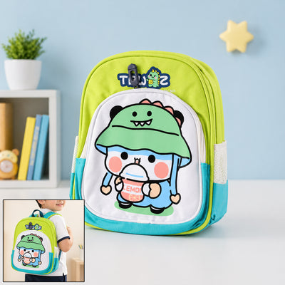 A vibrant lime green and blue backpack with a cartoon character wearing a dinosaur hat, holding a drink.