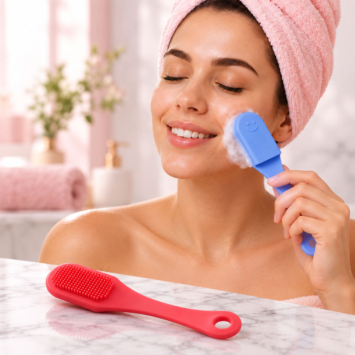 Silicone Face Cleansing Brush with Handle, Soft Facial Scrubber Set (2 Pc)