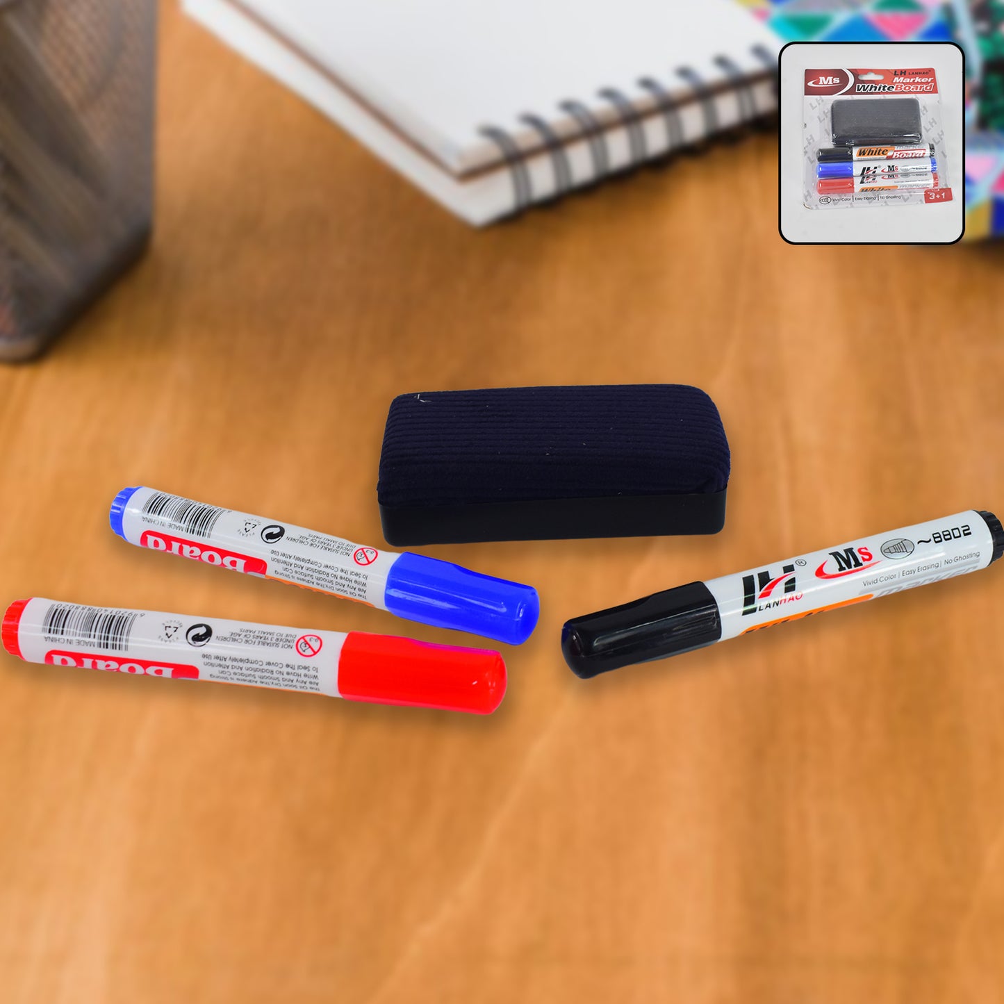 Whiteboard Marker Set (Blue, Black, Red) with Board Duster - Pack of 4