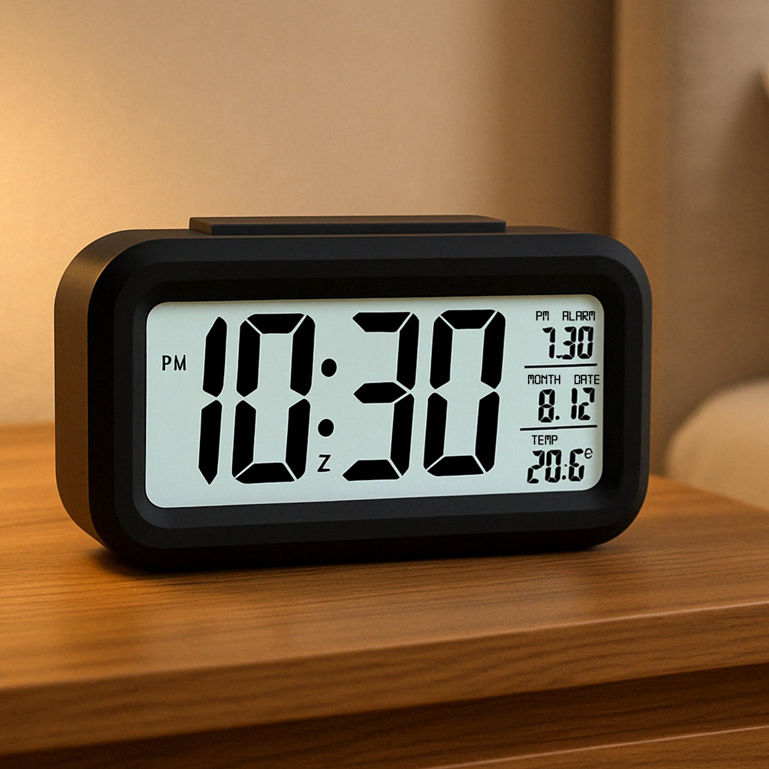 Digital LCD Alarm Clock – Backlit Display with Time & Temperature