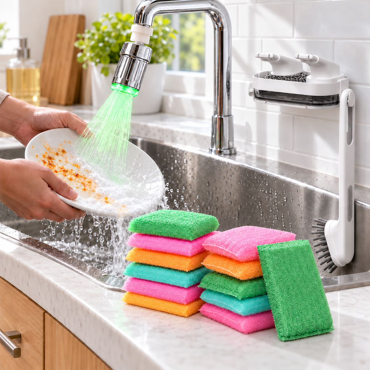 A person washes a dirty plate under a faucet sprayer, with various colored sponges on the counter.