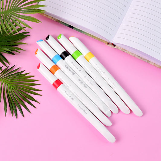 Camel Brush Pens – 6 Vibrant Shades (Flexible Tip for Watercolor Effects, Lettering & Sketching)
