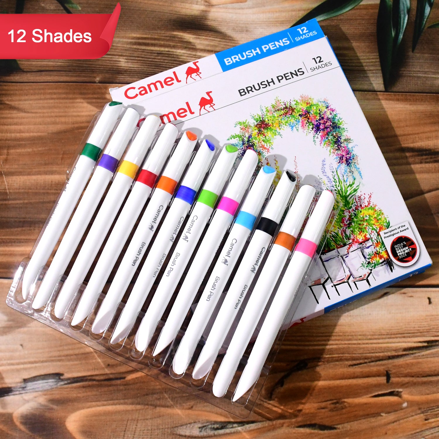 Camel Brush Pens – 12 Vibrant Shades (Flexible Tip for Watercolor Effects, Lettering & Sketching)