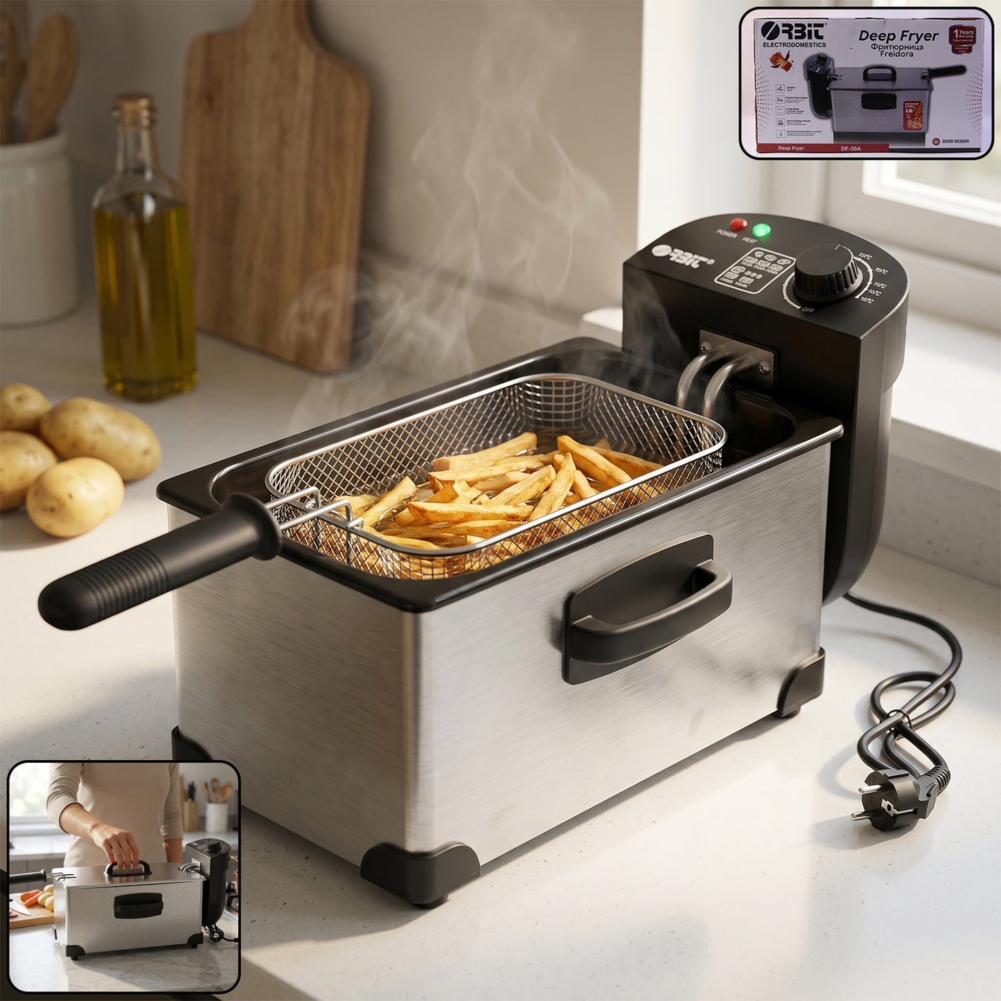 Orbit 2000W Heavy Duty Deep Fryer front view with basket