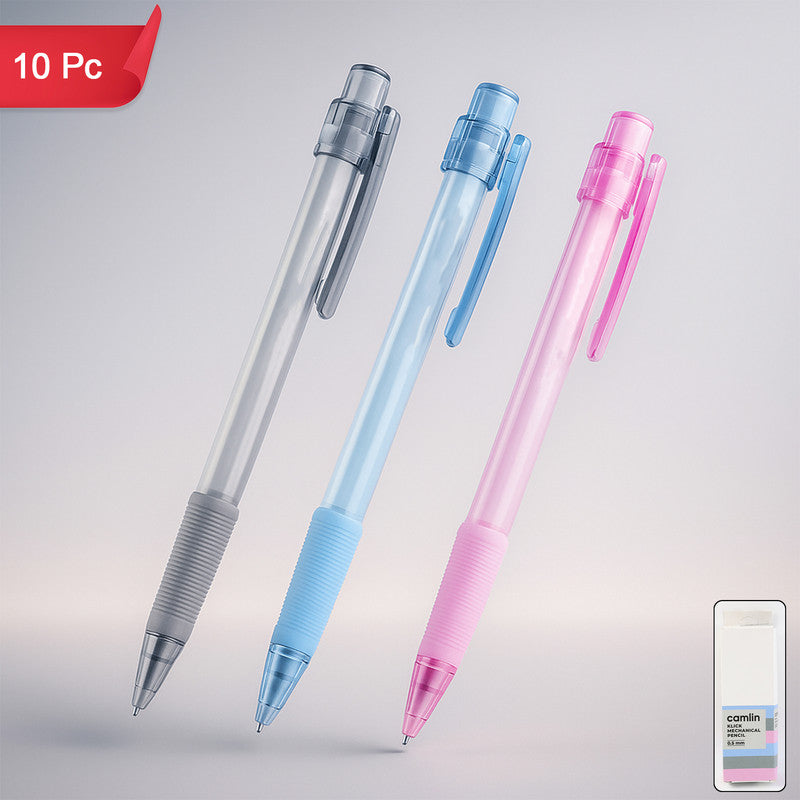Camlin KLICK 0.5 mm Mechanical Pencil – Smooth Writing with Soft Ribbed Grip (Pack of 10 – Pink, Blue & Grey)