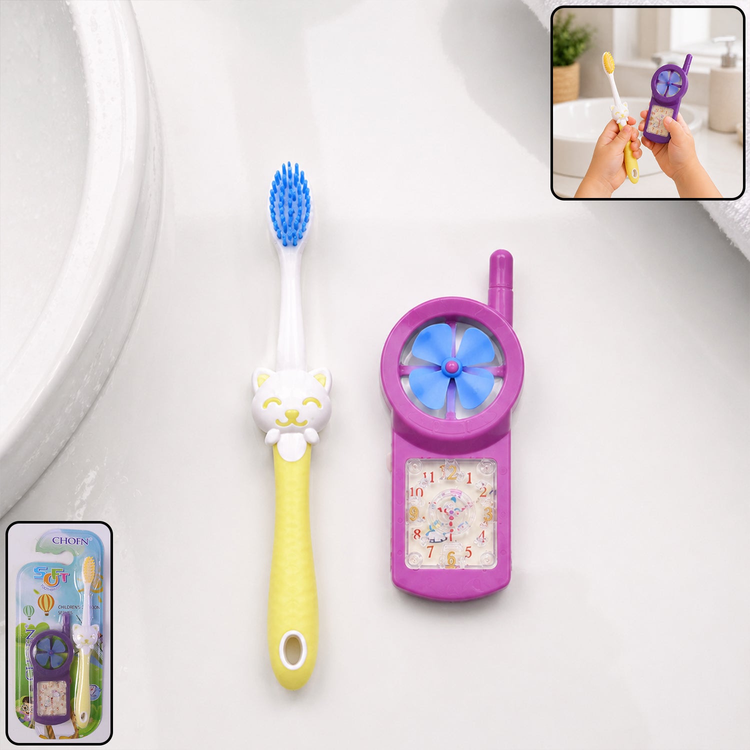 Kids toothbrush set with fan toy in packaging