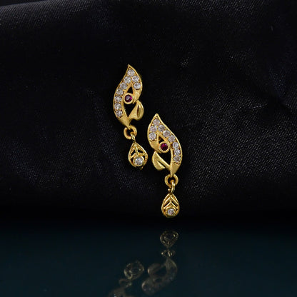 Stylish Leaf Pattern Gold Earrings with Stone Work & Drop Charm