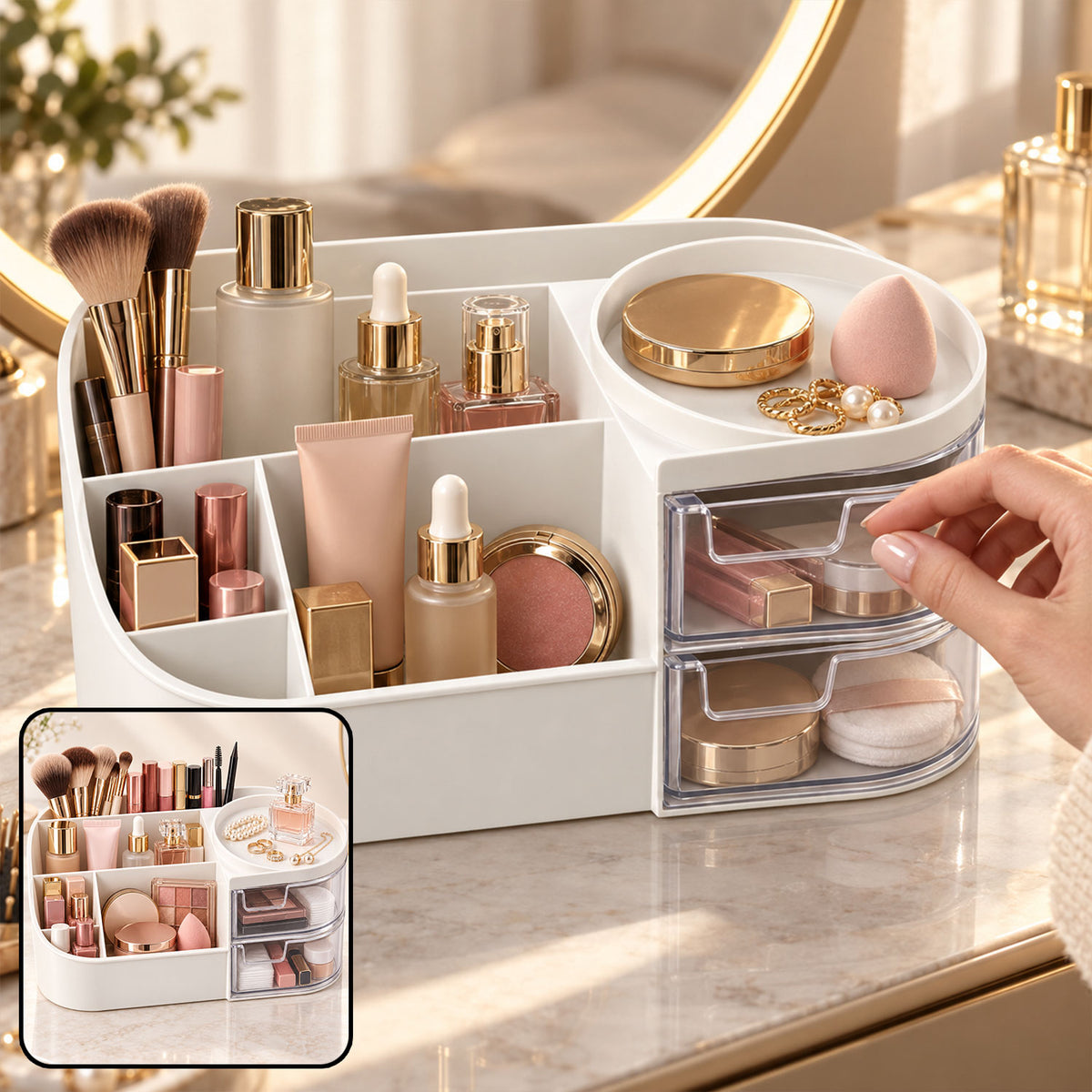 Vanity Organizer with Rotating Tray & Drawers for Easy Storage