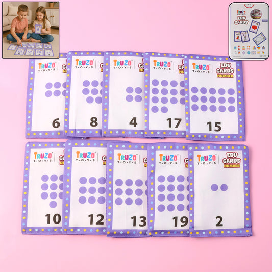 Set of colorful number flashcards for early learning, showing digits and corresponding dots.