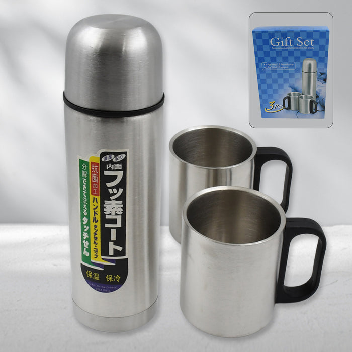 Double Wall Stainless Steel Thermos Flask 500ml Vacuum Insulated Gift Set with Two Cups Hot & Cold, Stainless Steel, Diwali Gifts for Employees, Corporate Gift Item (3 Pcs Set)