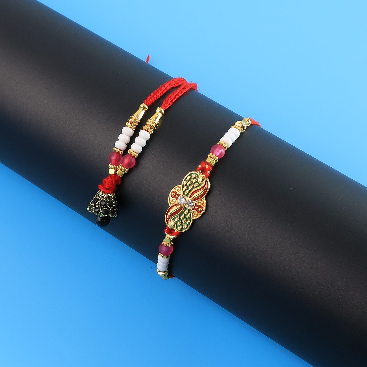Elegant Bhabhi Lumba Rakhi with Butterfly Design, Beaded Tassels & Pink Stone Work