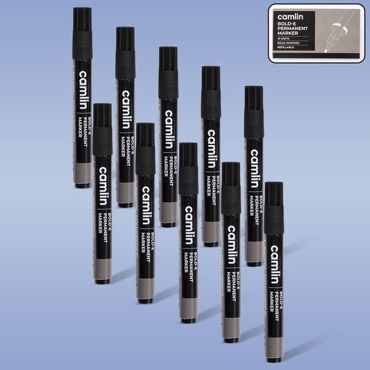 Camlin Bold-E Permanent Marker – Black Colour, Bold & Long-Lasting Ink, Refillable Permanent Markers for Multi-Surfaces – Pack of 10