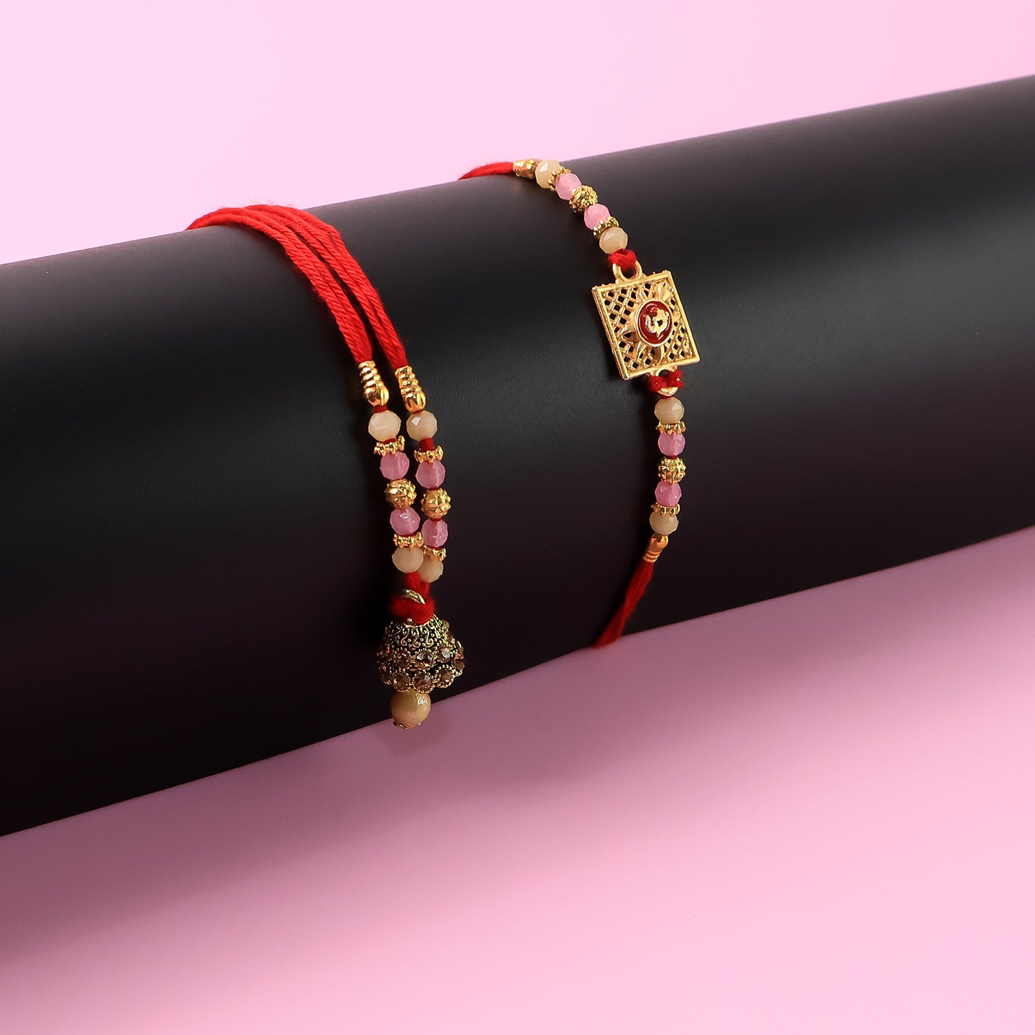 Bhaiya Bhabhi Rakhi Set with Square Motif Pink Beads and Hanging Heart Charm