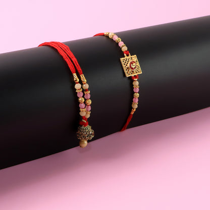 Bhaiya Bhabhi Rakhi Set with Square Motif Pink Beads and Hanging Heart Charm