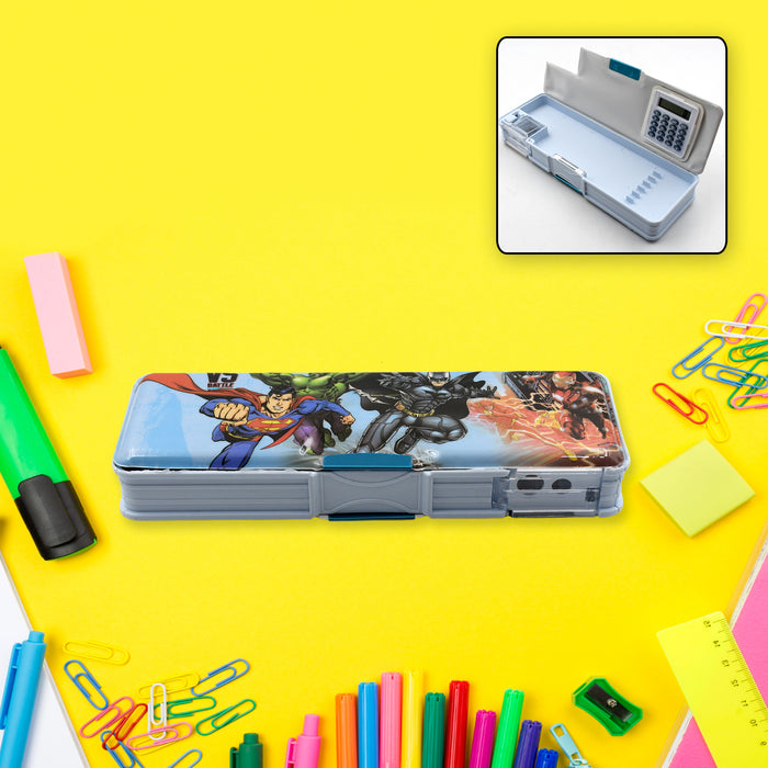 Double Sided Magnetic Geometry Box, Pencil Box with Calculator and Sharpener for Boys Art Plastic Pencil Box  for Girls and Boys