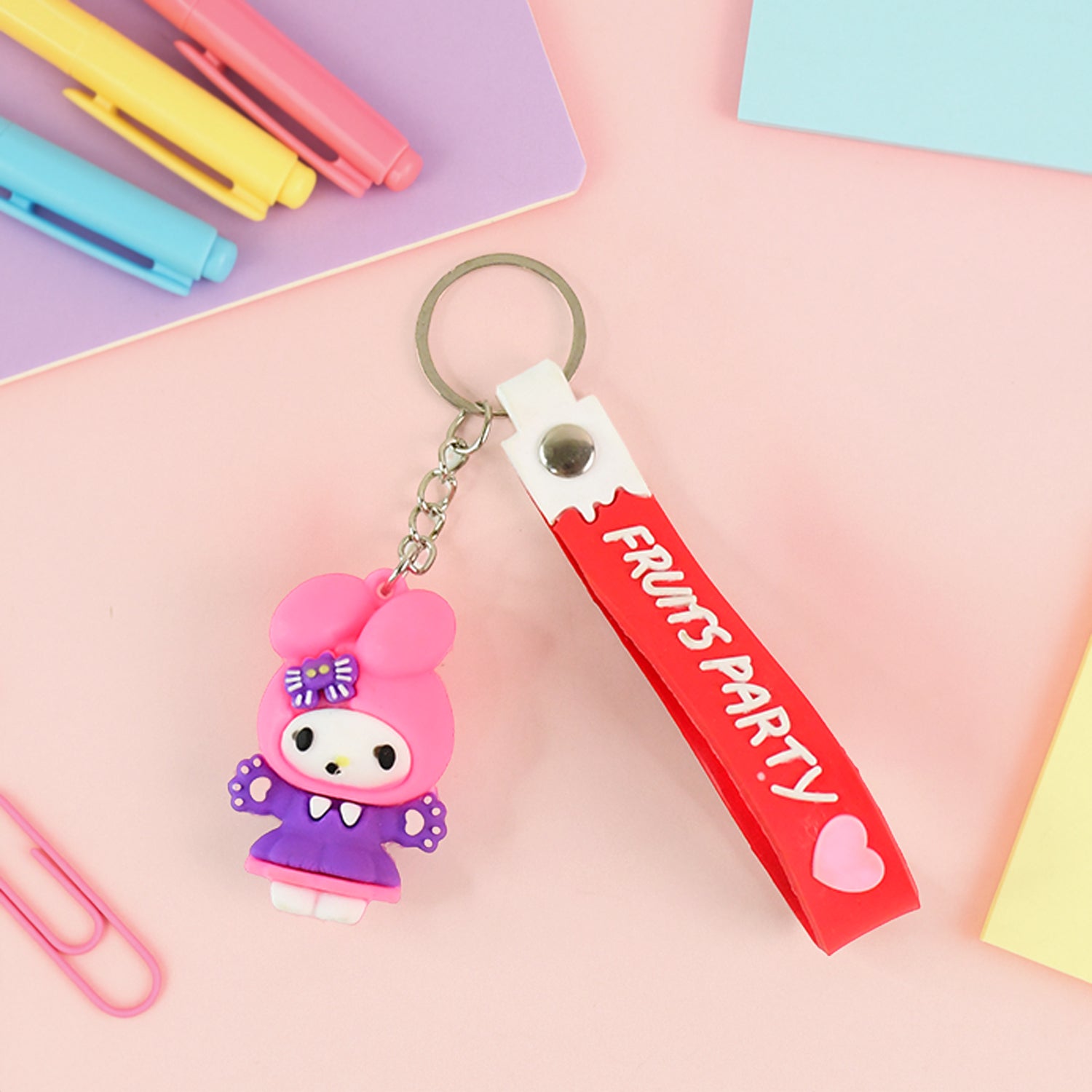 Cute Cartoon Silicone 3D Key Chain with Metal Hook & Strap (Pack of 1)