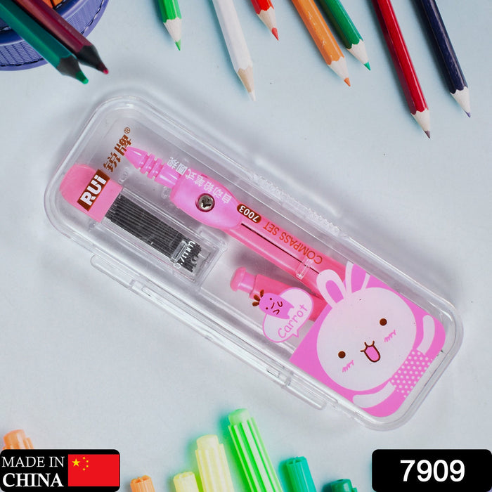 7909 Multifunctional compass Box For Boys &amp; Girls for School, Small Size Cartoon Printed Pencil Case for Kids Birthday Gift.