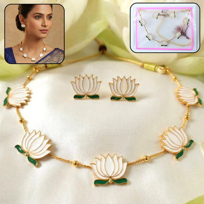 White Lotus Necklace Set – Adjustable Thread Traditional Jewellery