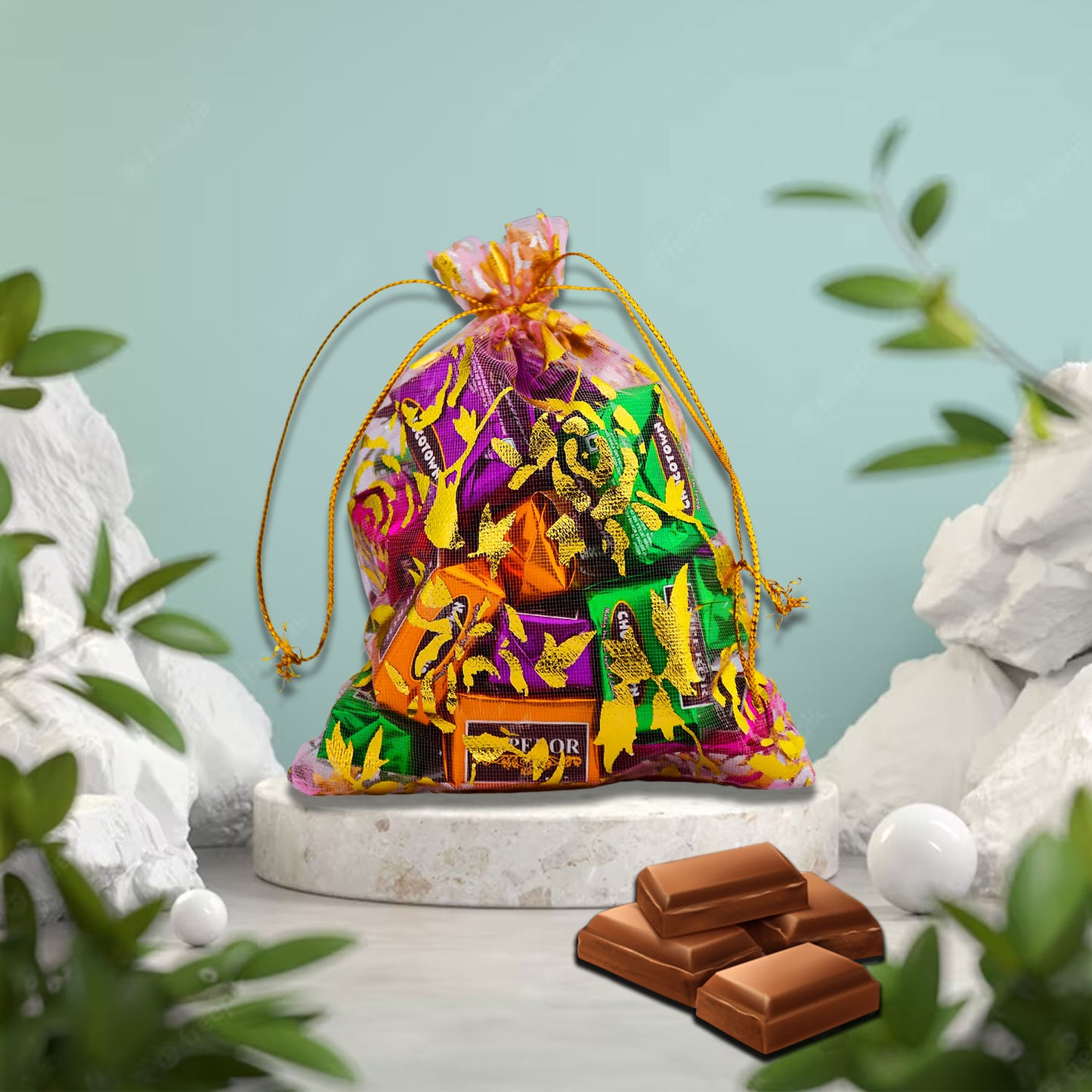 Decorative Gift Potli with 10 Premium Chocolates / Reusable Potli – Festive & Return Gift Hamper