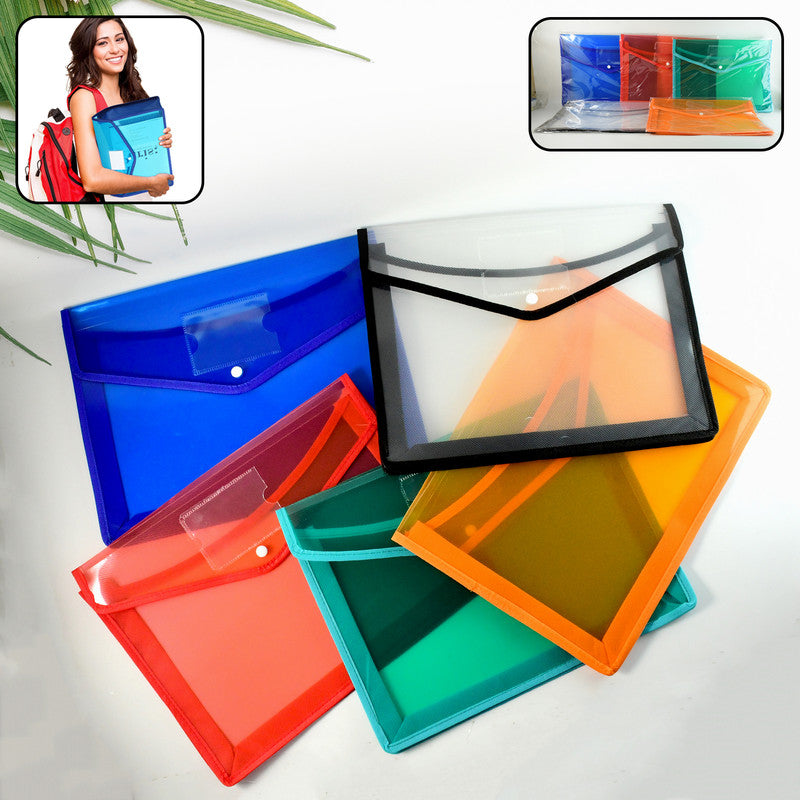Transparent Document File Folder Set Of 5– Multi-Color Button Closure File Bags