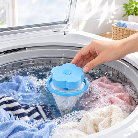 A hand places a blue flower-shaped lint filter into a washing machine drum filled with soapy water and clothes.
