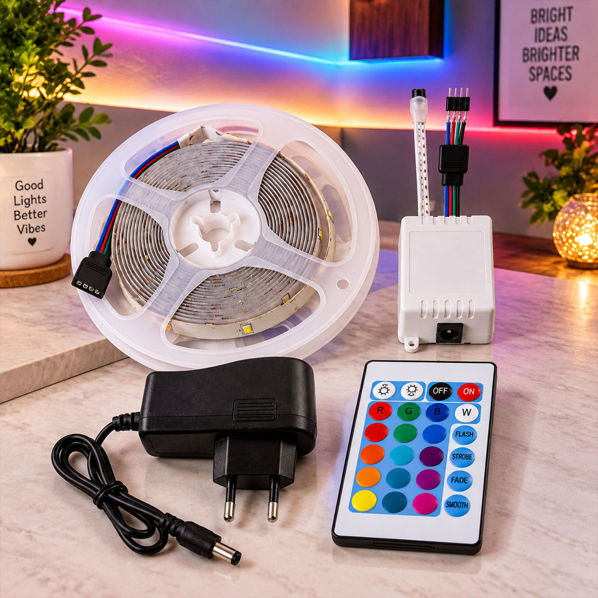 RGB LED Strip Light with Remote and Adapter for Room Decor (1 Set, 3.4 Mtr)