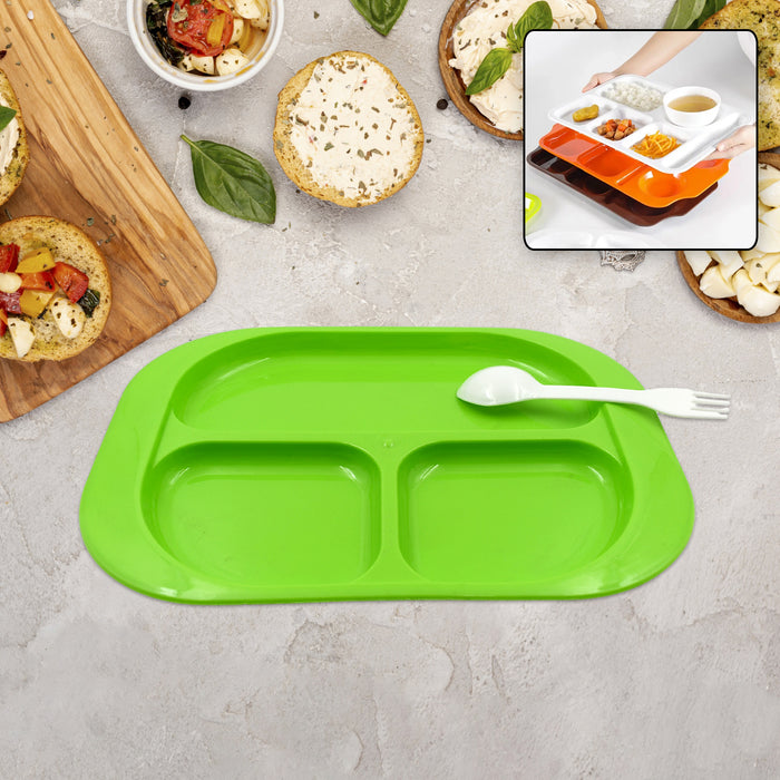 5554 Plastic Food Plates / Biodegradable 3 Compartment Square Plate With Spoon for Food Snacks / Nuts / Desserts Plates for Kids, Reusable Plates for Outdoor, Camping, BPA-free (1 Pc)