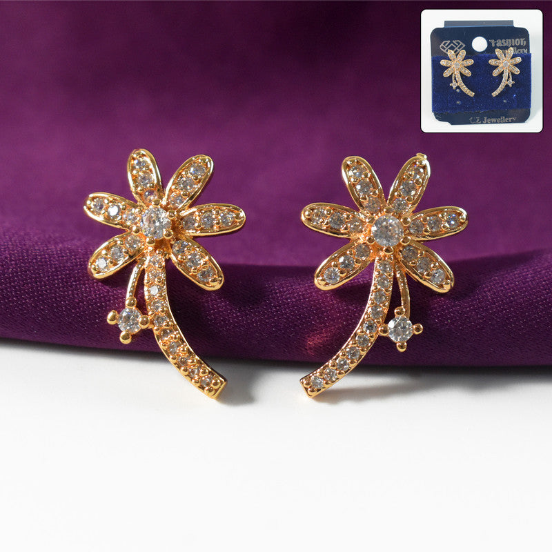 Stylish Floral Curve Design CZ Stone Stud Earrings for Women