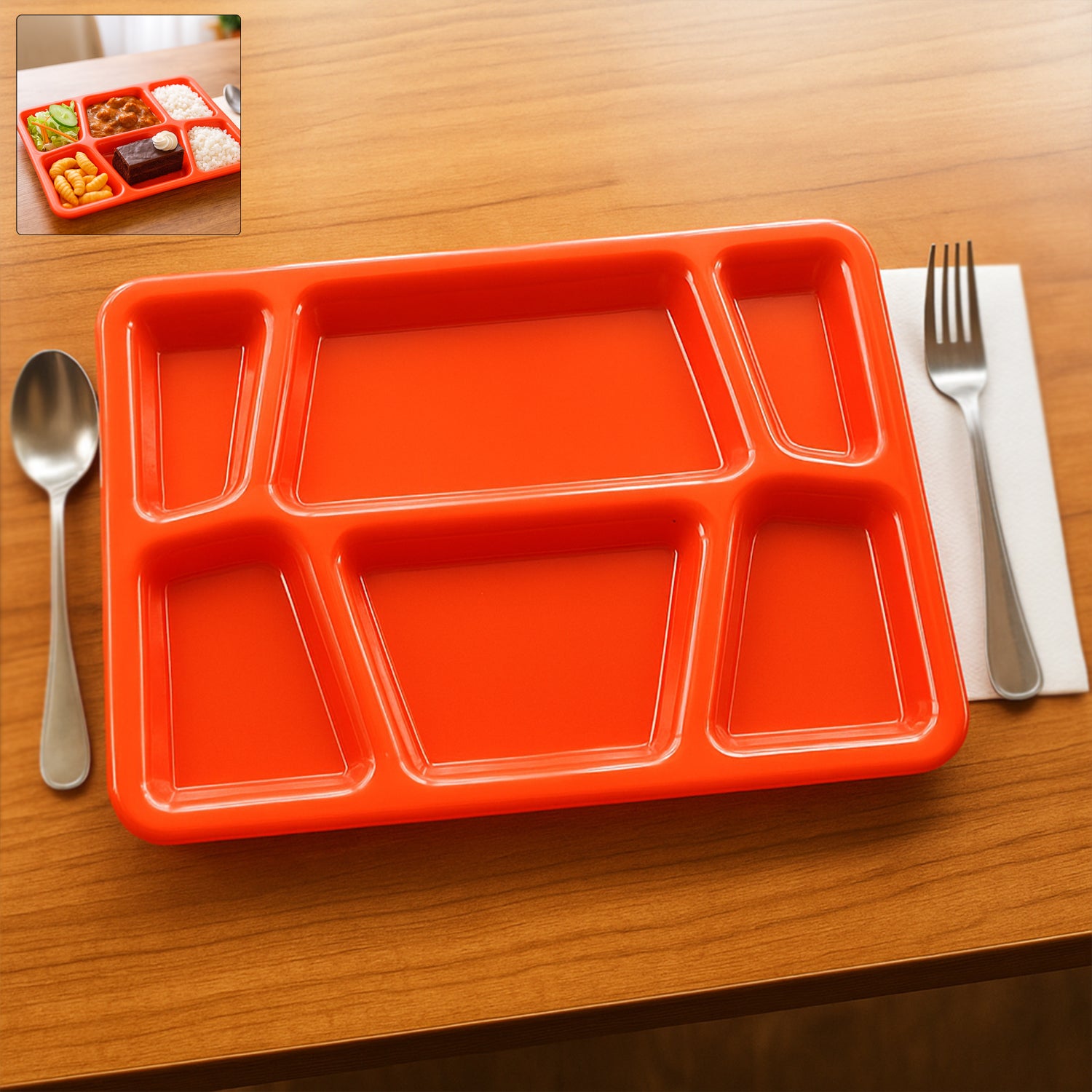 Plastic Multi-Compartment Rectangular Meal Serving Tray / Plate (1 Pc / Red)