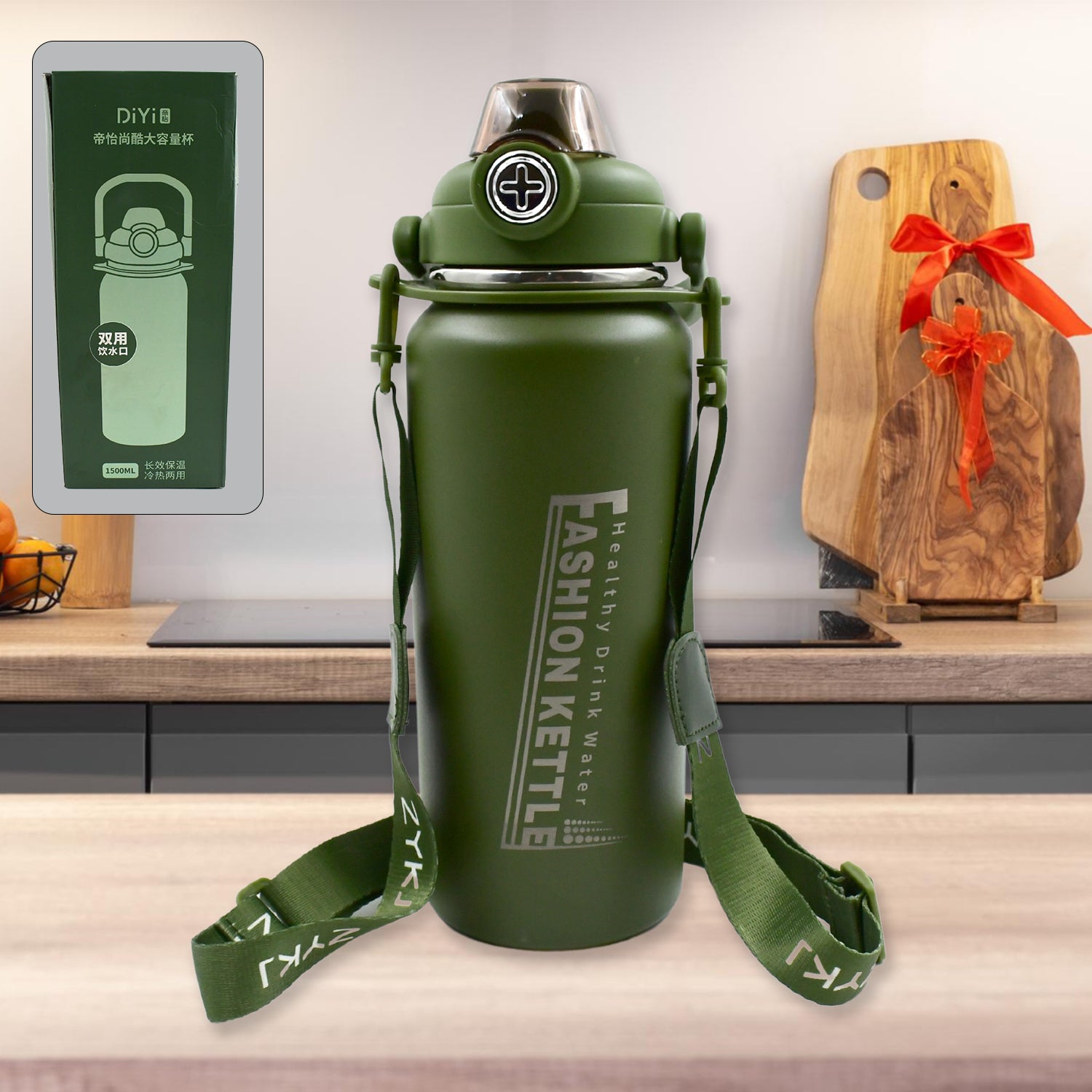 Stainless steel water bottle with straw, 1500ML, mix color