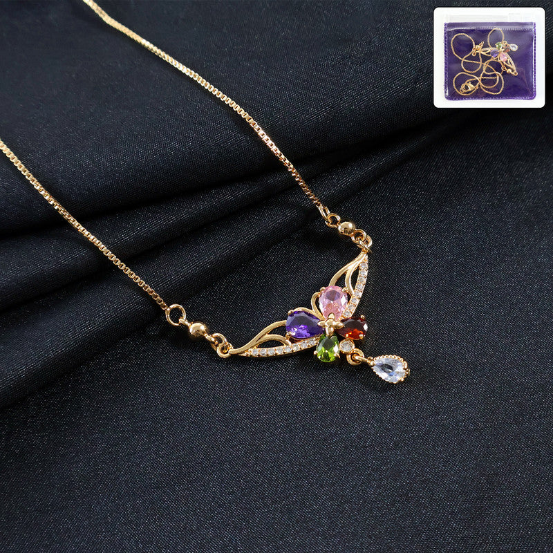 Elegant Gold-Plated Multicolor Stone Floral Pendant Necklace for Women