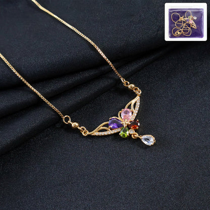 Elegant Gold-Plated Multicolor Stone Floral Pendant Necklace for Women
