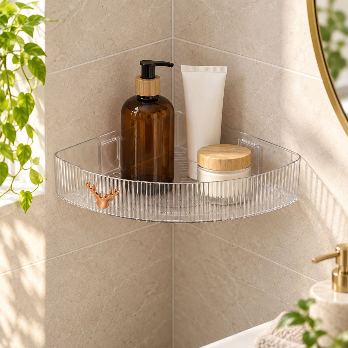 Apex Transparent Corner Rack with Adhesive Mounts for Bathroom Storage Shelf (1 Pc)