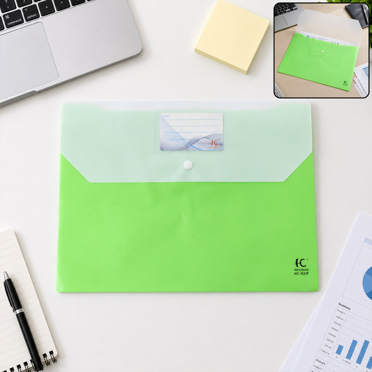Transparent A4 plastic folder with snap button closure for office and school use