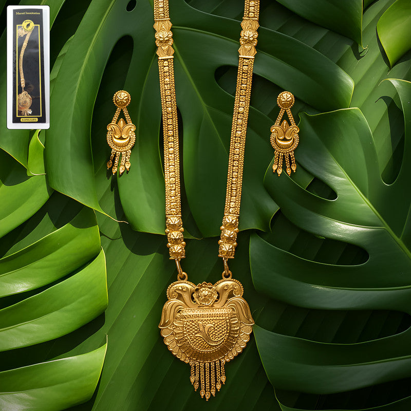 Traditional Gold-Tone Temple Style Necklace Set with Ornate Pendant & Matching Earrings