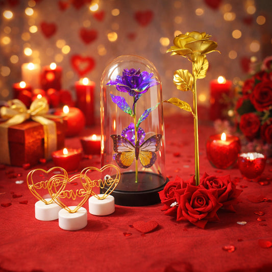 Romantic Gift Set with Glass Dome Rose and LED décor