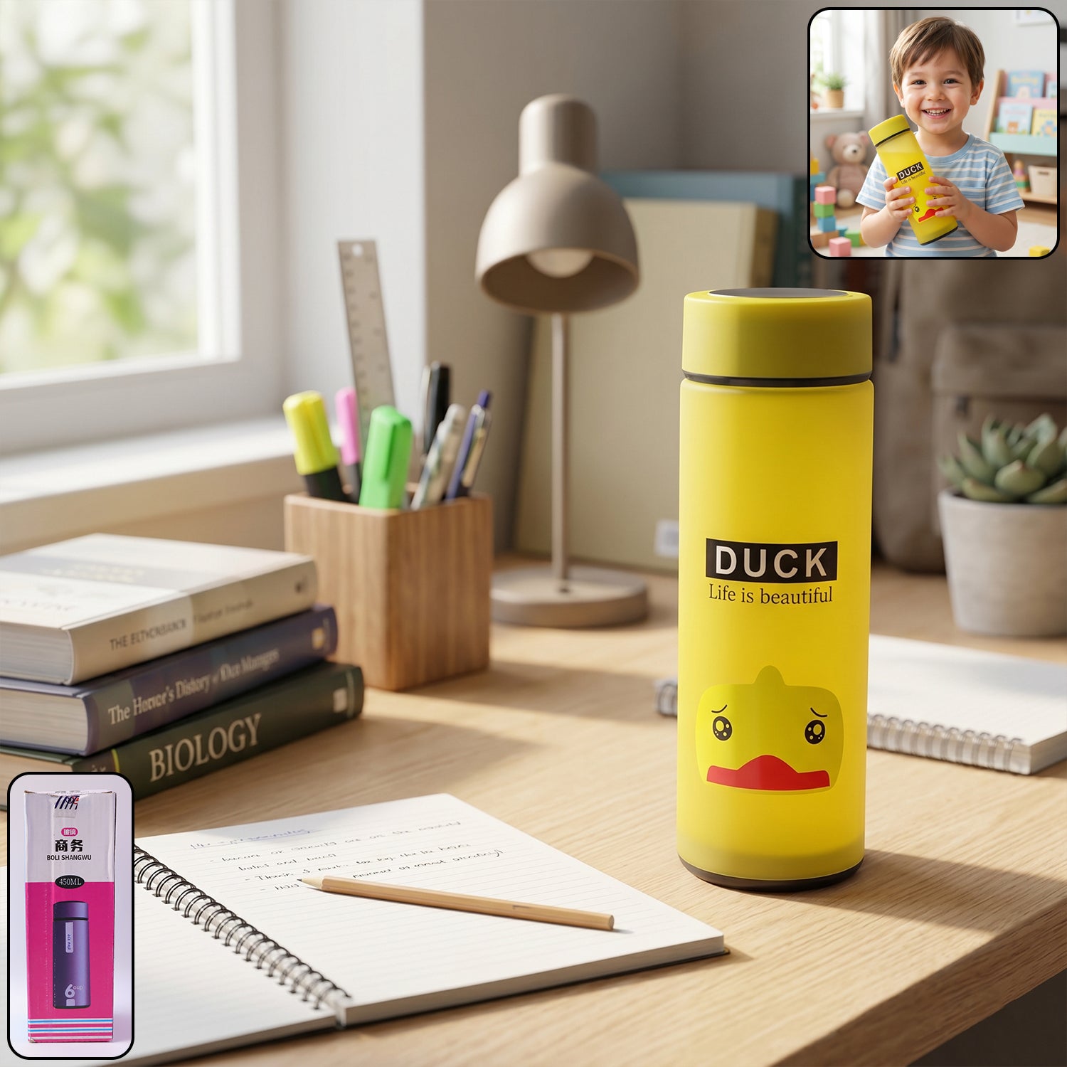 Cute Cartoon Design Frosted Glass Water Bottle with Leak Proof Lid (450 ML)