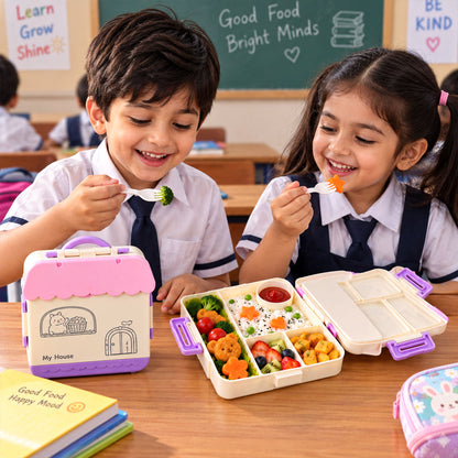 House Shape Plastic Kids Lunch Box with Handle and Spoon Fork (17 x 17 x 6.5 Cm)